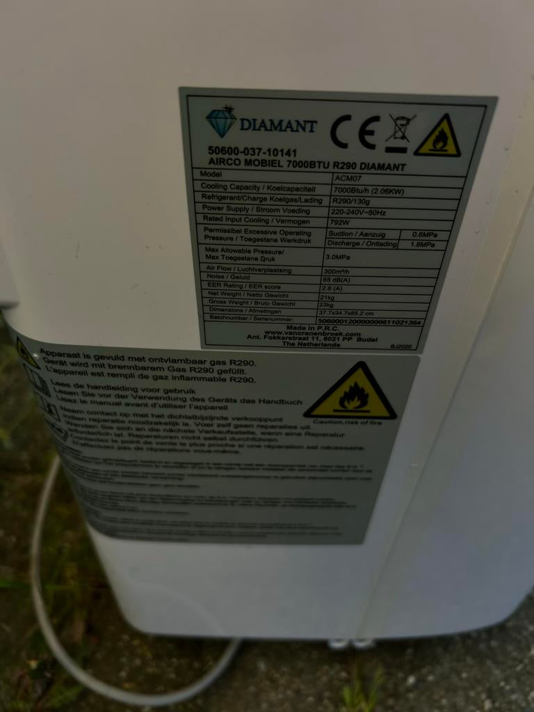 Diamant Mobiele Airco 7000BTU (2.06kW) - Koelen & Ontvochtig, Witgoed en Apparatuur, Airco's, Gebruikt, Minder dan 60 m³, 3 snelheden of meer