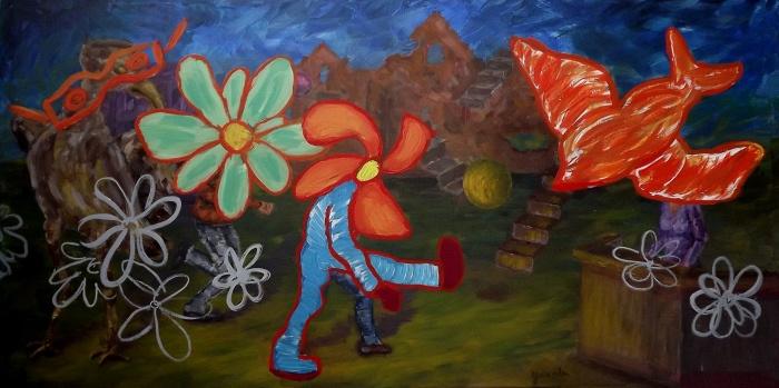 Schilderij Funny flowerman op linnen doek, Huis en Inrichting, Woonaccessoires | Schilderijen, Tekeningen en Foto's, Nieuw, Ophalen of Verzenden