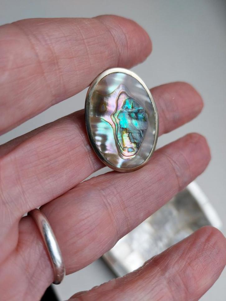 Vintage Alpaca Mexico Broche, Abalone Schelp parelmoer#14310, Sieraden, Tassen en Uiterlijk, Broches, Gebruikt, Overige materialen