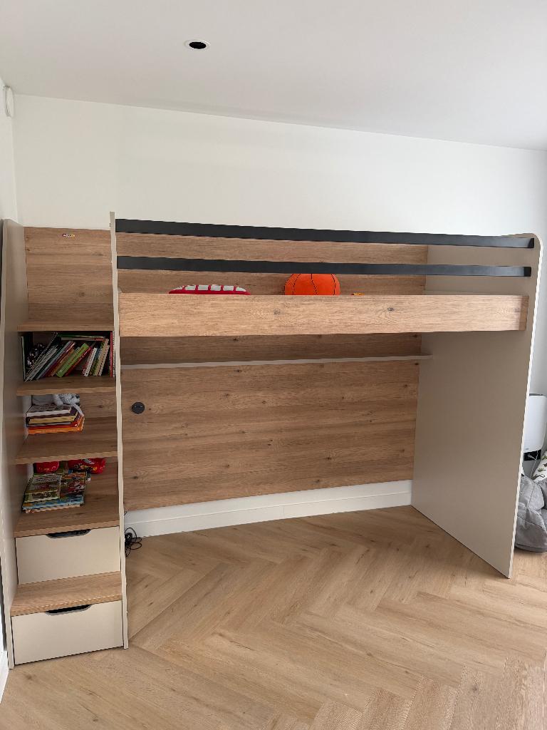 New Options hoogslaper - 90x200 - Eiken/beige, Huis en Inrichting, Ophalen, Eenpersoons, Zo goed als nieuw, 200 cm