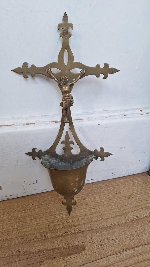 Antieke koperen wijwater bakje,  zie foto's, Antiek en Kunst, Ophalen of Verzenden