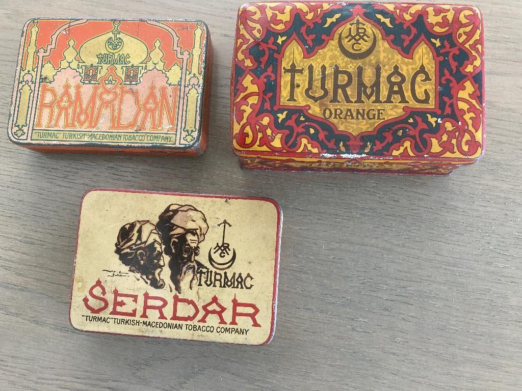 3 Turmac blikjes, Verzamelen, Verzenden, Gebruikt, Tabaksdoos of Verpakking