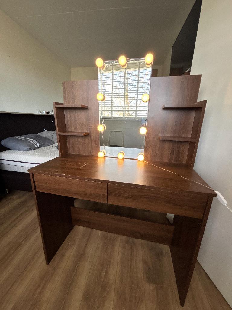 Gratis kaptafel met spiegel + instelbaar licht (hout), Ophalen, Gebruikt, 100 tot 150 cm, 50 tot 100 cm