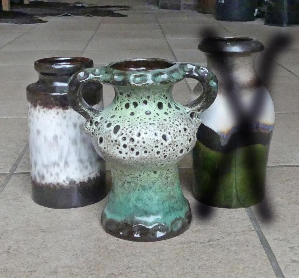 Scheurich vazen duo Carstens groen bruin wit West-Germany, Gebruikt, Aardewerk of Porselein, Ophalen of Verzenden, Minder dan 50 cm