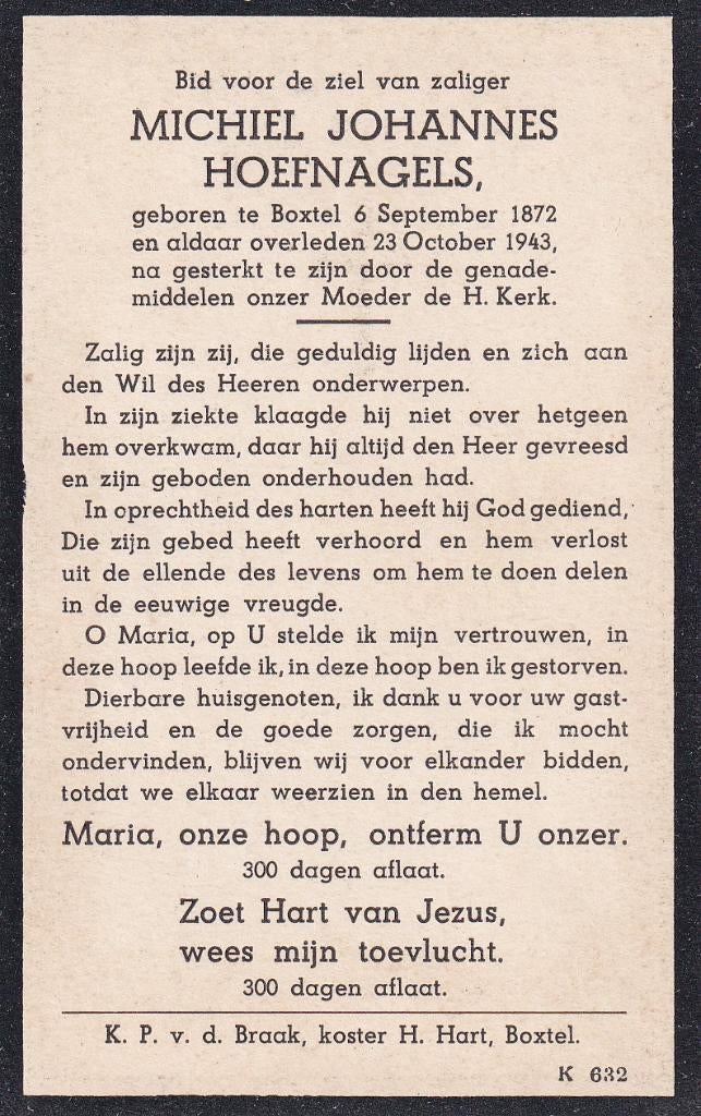 Hoefnagels Michiel 1872 Boxtel 1943, Ophalen of Verzenden, Bidprentje