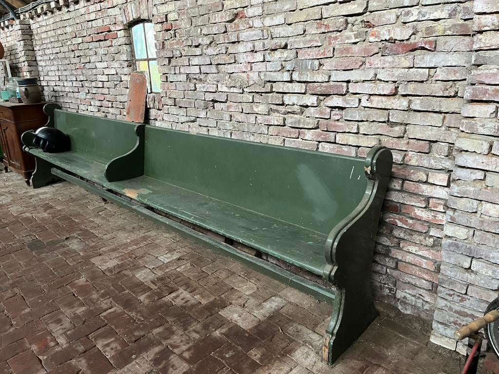 Groene vintage kerkbank 415 cm., Huis en Inrichting, Ophalen, Gebruikt