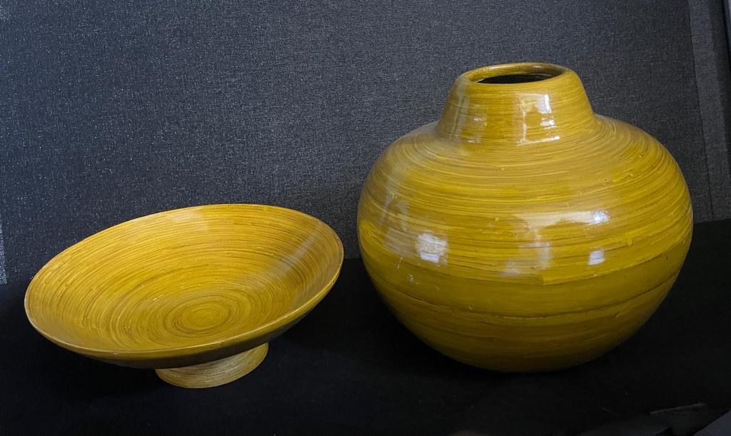 Bamboe vaas en schaal, Huis en Inrichting, Woonaccessoires | Vazen, Gebruikt, Geel, Minder dan 50 cm, Overige materialen, Ophalen