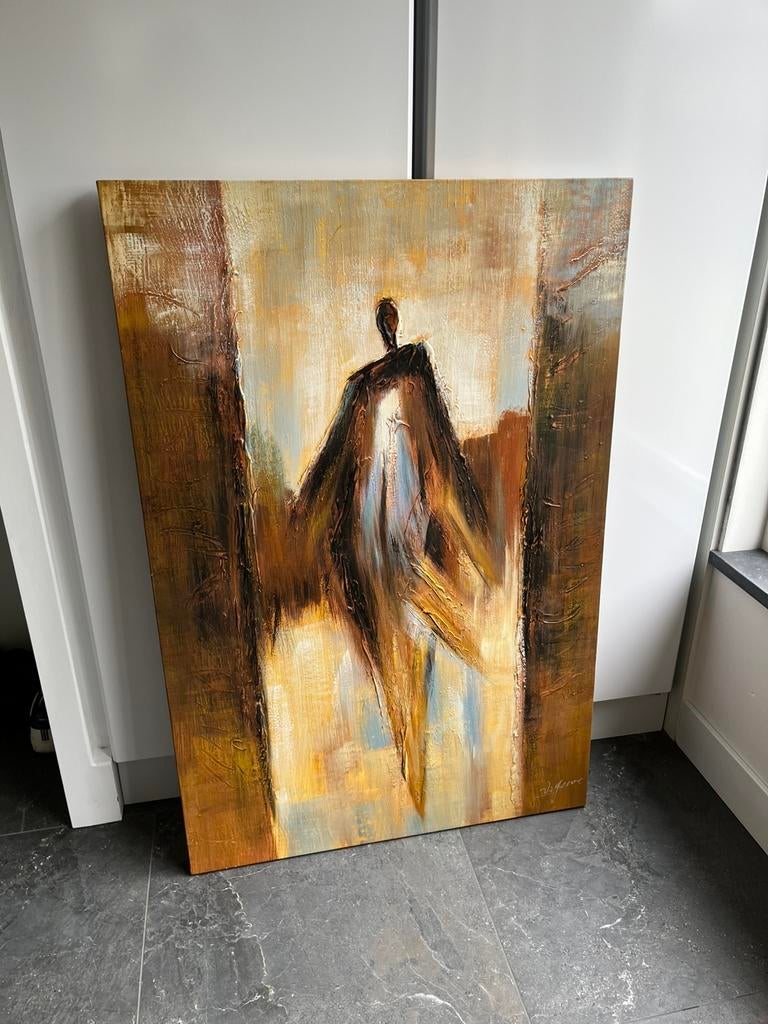 Trendhopper olie doek wanddecoratie beige oranje blauw, Ophalen