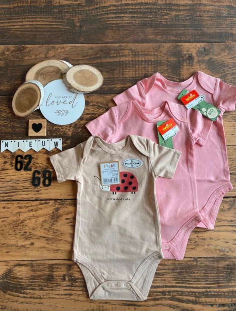 Baby girl 3x wibra korte mouwen romper roze beige maat 62/68, Ophalen of Verzenden, Nieuw, Meisje, Nacht- of Onderkleding