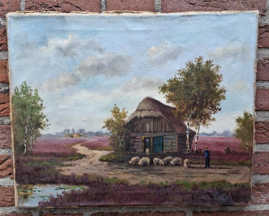 oud heidegezicht met schapen en herder, Ophalen of Verzenden