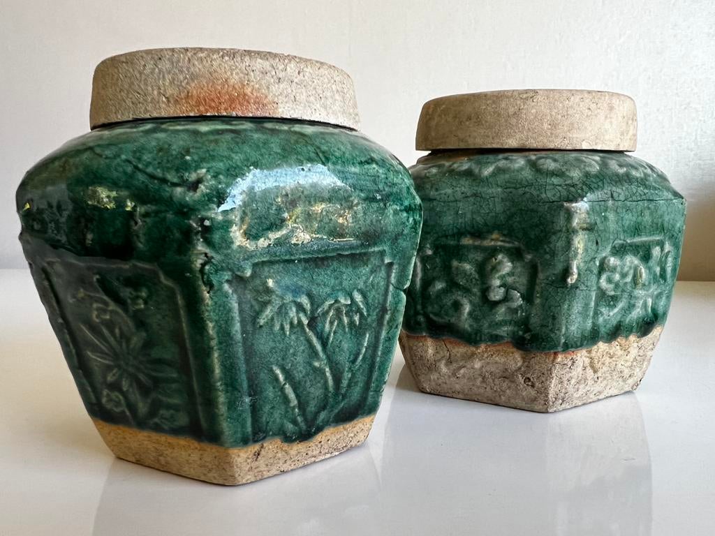 2 Vintage Shiwan Gemberpot Deksel Turquoise Flora 19e eeuws, Ophalen of Verzenden