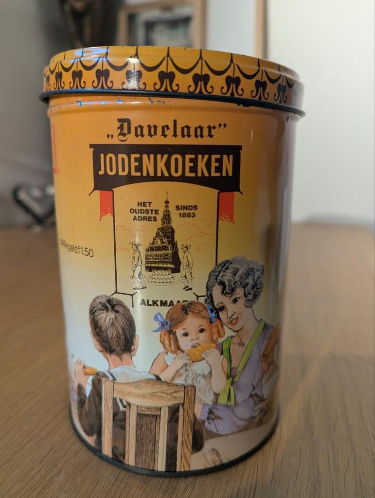 Vintage Davelaar Jodenkoeken trommel - 1883-1983, Ophalen of Verzenden, Gebruikt, Koek(jes), Overige merken
