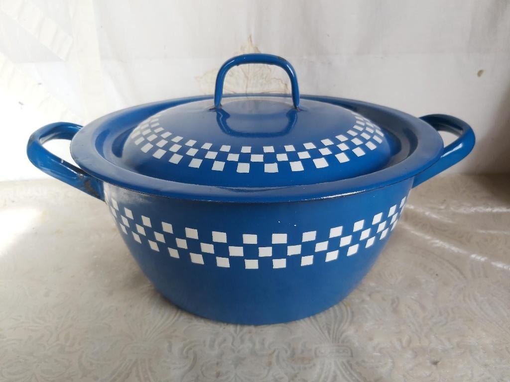 Mooie lustucru blauw witte emaille kookpot / pan, Antiek en Kunst, Antiek | Emaille, Ophalen of Verzenden