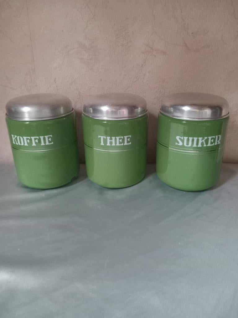 Resedagroen emaille koffie-thee en suikerbussen, Ophalen of Verzenden