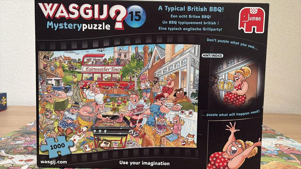 Was Gij? Mystery puzzel “Een echt Britse BBQ!” nr 15., Ophalen of Verzenden, 500 t/m 1500 stukjes, Zo goed als nieuw, Legpuzzel