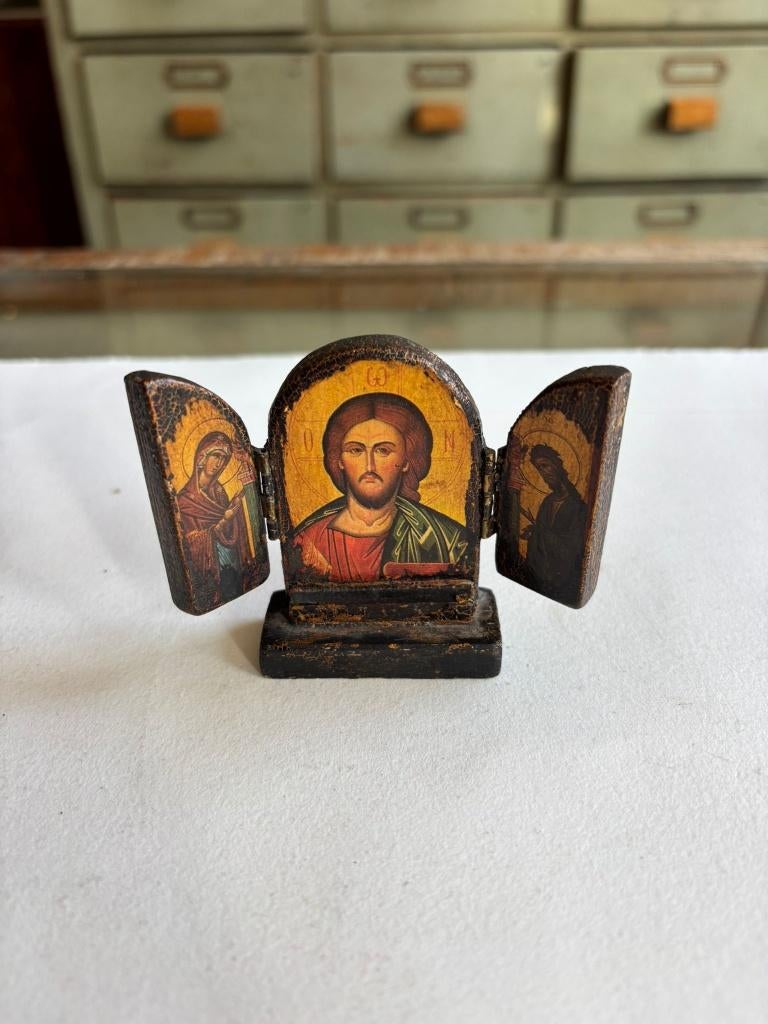 Orthodox Religieus Drieluik met Christus Pantocrator, Antiek en Kunst, Antiek | Religie, Ophalen of Verzenden