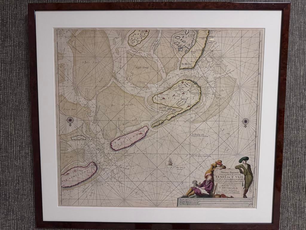 Originele kopergravure zeekaart Texel en t Vlie 1681, Antiek en Kunst, Ophalen, Gravure, Met tekst, 1600 - 1699