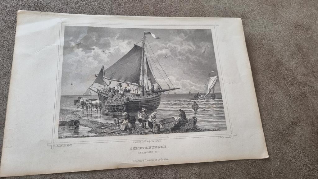 Scheveningen Strandgezicht - Antieke Gravure, Antiek en Kunst, Kunst | Etsen en Gravures, 1800 - 1899, Stadsgezicht, Ophalen of Verzenden