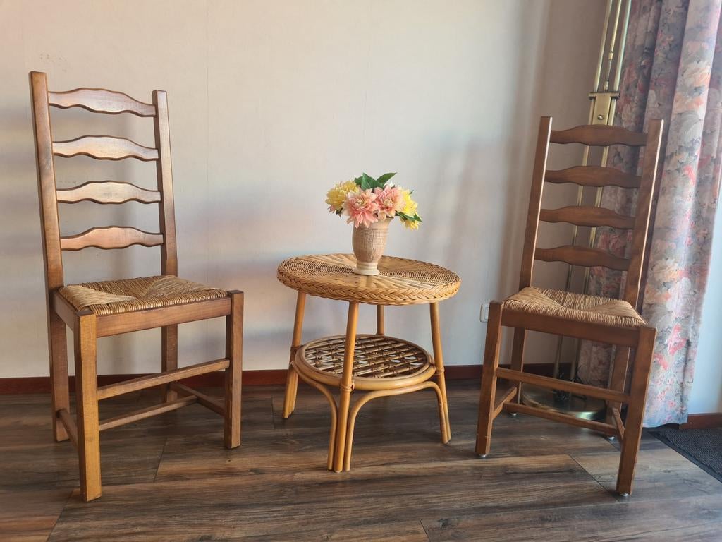 Set. 2 houten stoelen met rieten zitting +rieten bijzettafel, Huis en Inrichting, Stoelen, Gebruikt, Twee, Bruin, Landelijke, Bohemian