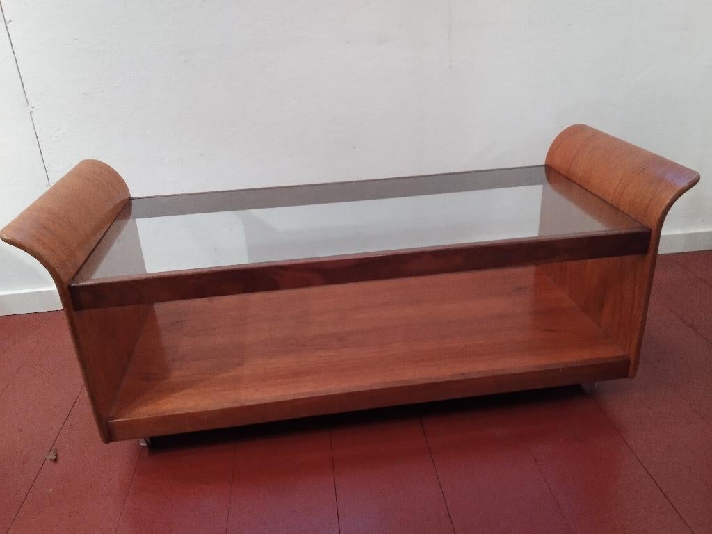 Vintage, G.Plan, ontwerp Tulip, teakhout / glas, salontafel, 100 tot 150 cm, 50 tot 75 cm, Glas, Vintage