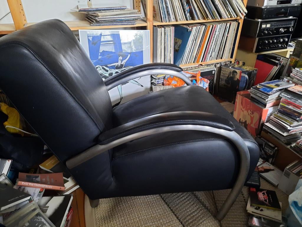 Design stoel zwart leer Molinari fauteuil,moet gauw weg, Ophalen, Gebruikt, 50 tot 75 cm, Leer