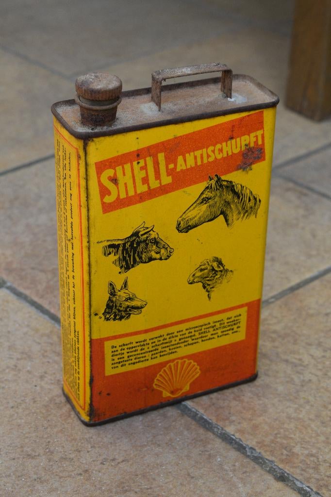 Zeldzame blik shell antischurft olie 1930, Ophalen of Verzenden, Gebruikt, Verpakking