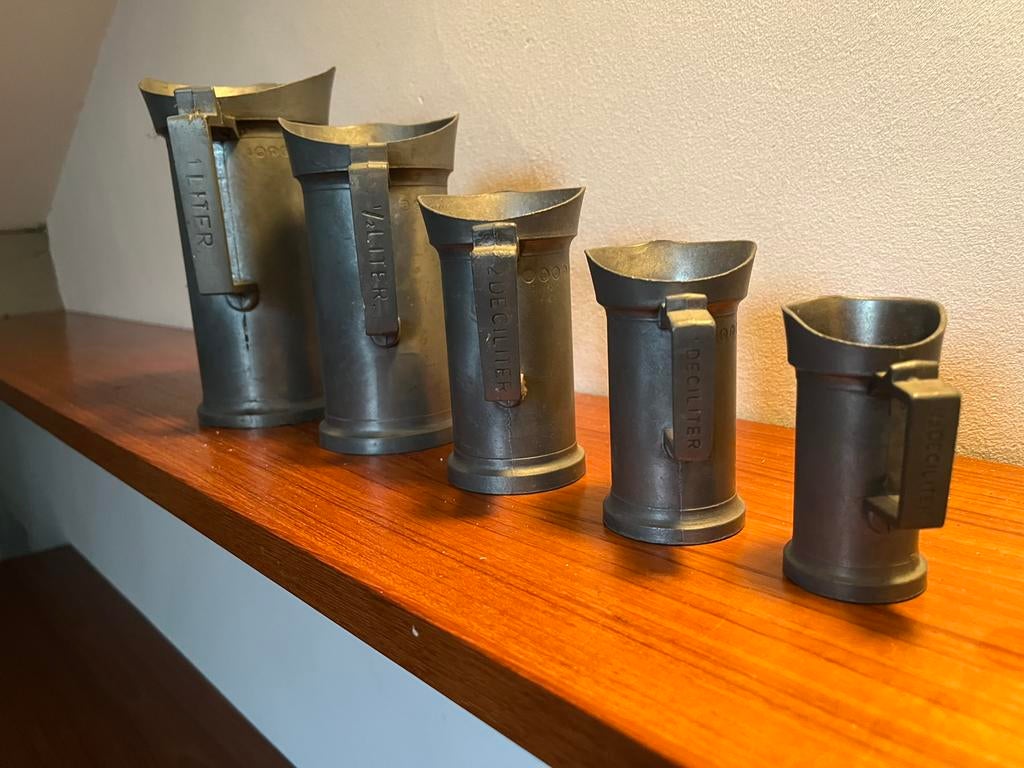 Antieke tinnen maatbekers (5-delig) – Volledig geijkt!, Antiek en Kunst, Ophalen