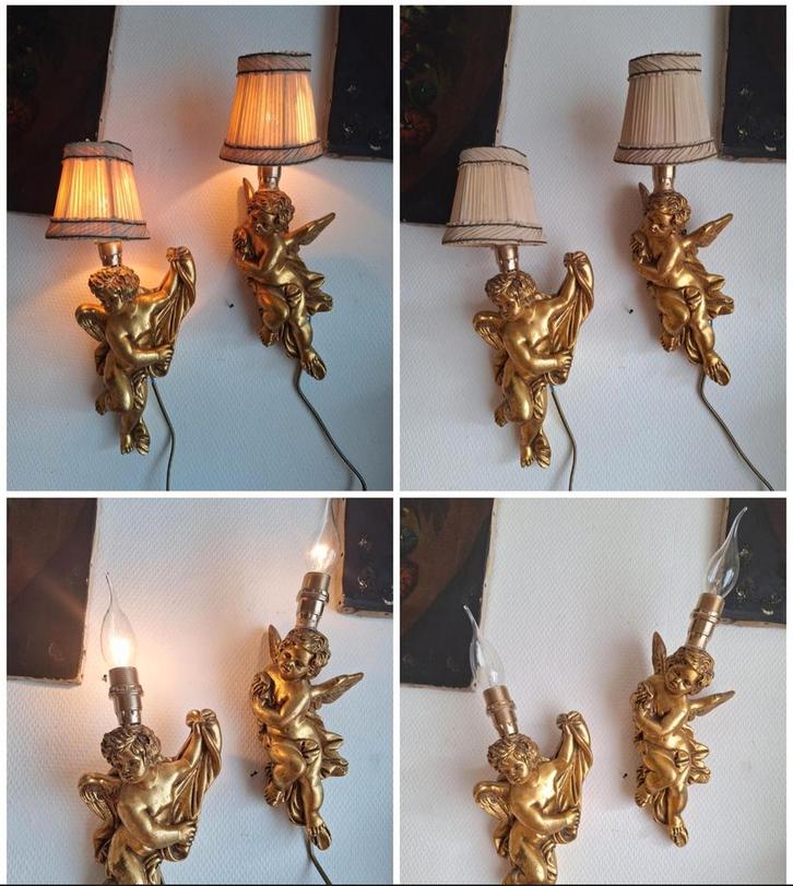 SET...Engeltjes Muurlampjes/Lampen/Putti's in Bois Dore, Antiek en Kunst, Curiosa en Brocante, Ophalen of Verzenden