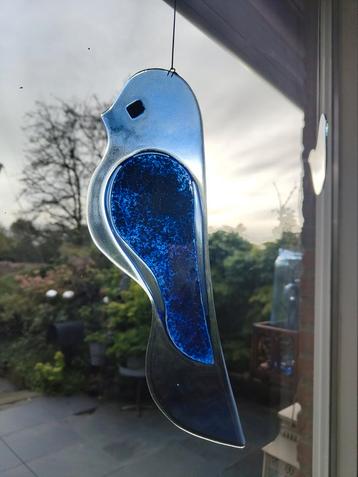 Vintage grote glazen raam hanger vogel blauw 31 cm Moederdag