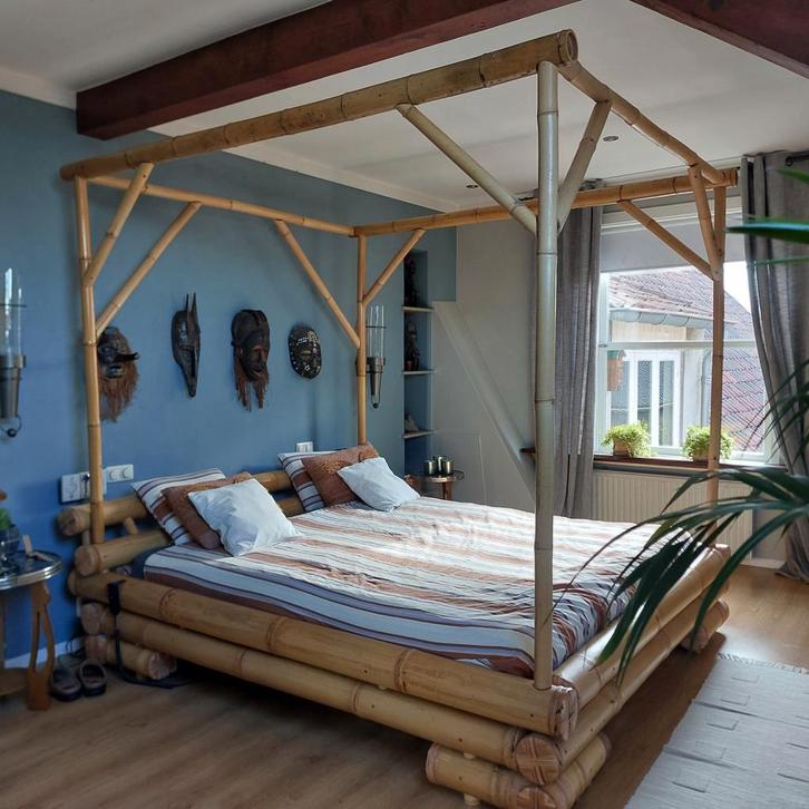 Bamboe Hemelbed 180x200 + Elektrische Matrassen, Huis en Inrichting, Slaapkamer | Bedden, Gebruikt, Tweepersoons, 180 cm, 200 cm