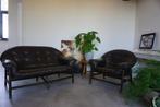 Rotan bamboe mid century leren bank + fauteuil jaren 50, Huis en Inrichting, Banken | Bankstellen, Ophalen, Gebruikt, Tweepersoons