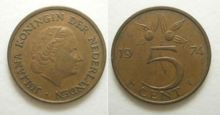 PD02617 Juliana 5 cent 1974, Postzegels en Munten, Munten | Nederland, Losse munt, 5 cent, Koningin Juliana, Ophalen of Verzenden
