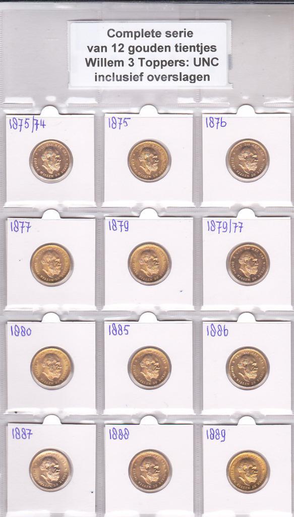 Compl. serie van 12 gouden tientjes Willem 3 incl overslagen, Postzegels en Munten, Munten | Nederland, 10 gulden, Koning Willem III