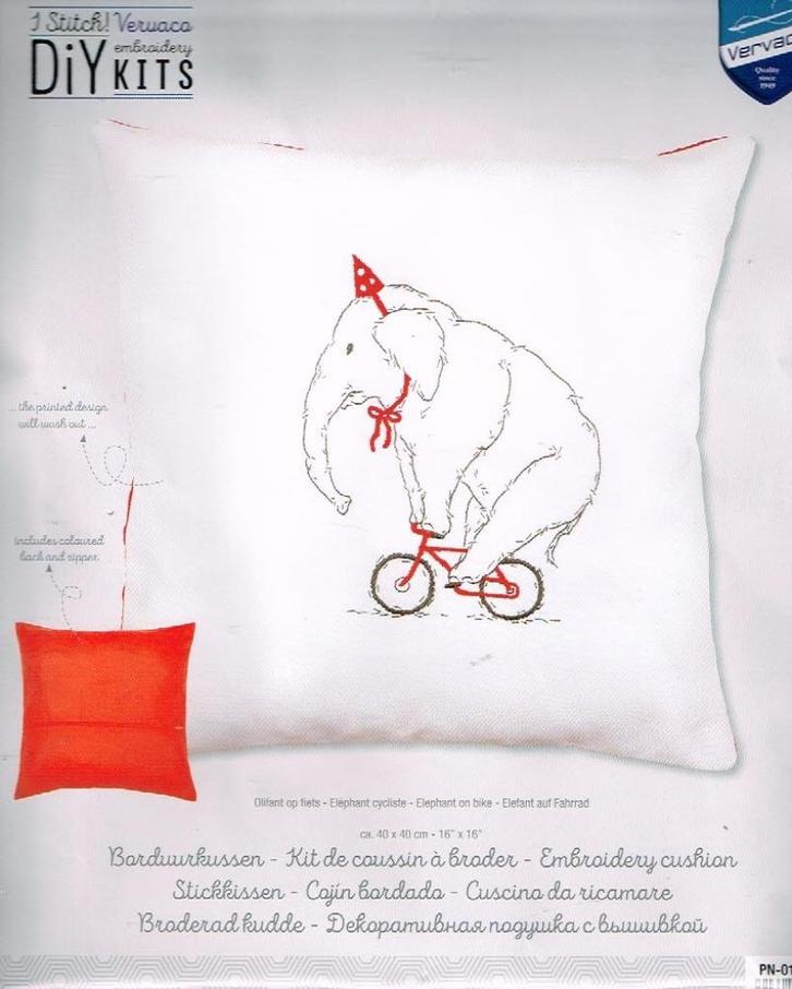 Cado vervaco voorbedrukt borduurpakket kussen, olifant/fiets, Hobby en Vrije tijd, Borduren en Borduurmachines, Nieuw, Borduurpakket