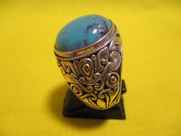 Balinese Taru Tree ring, 925 zilver, turkoois met vergulding beschikbaar voor biedingen