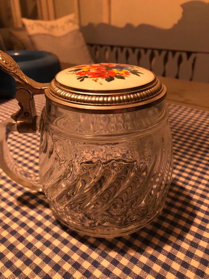 Vintage BMF Bierseidel Bierpul Glas Tinnen Deksel Bloemen, Antiek en Kunst, Antiek | Glas en Kristal, Ophalen of Verzenden