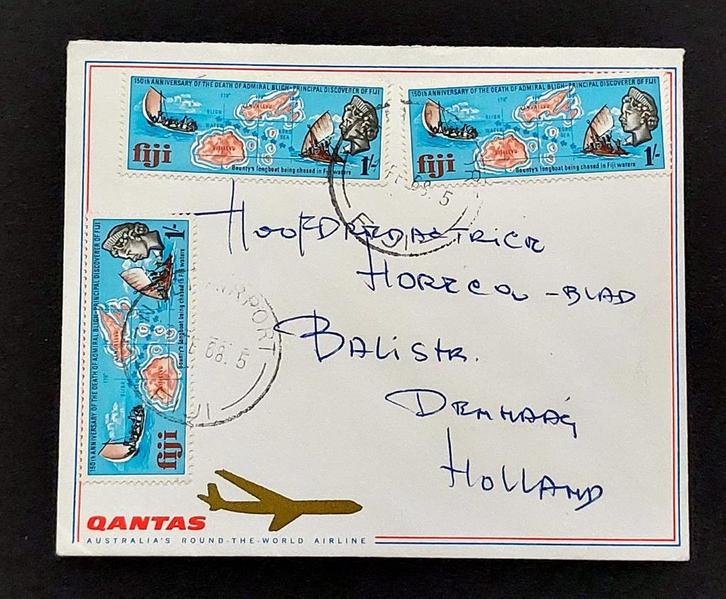 Fiji 1967 – Luchtpostbrief Admiral Bligh 150 jaar, Postzegels en Munten, Postzegels | Eerstedagenveloppen, Beschreven, Nederland