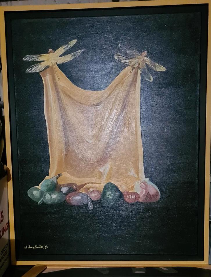 Acryl schilderij - libelles met doek en fruit, Antiek en Kunst, Kunst | Schilderijen | Klassiek, Ophalen of Verzenden