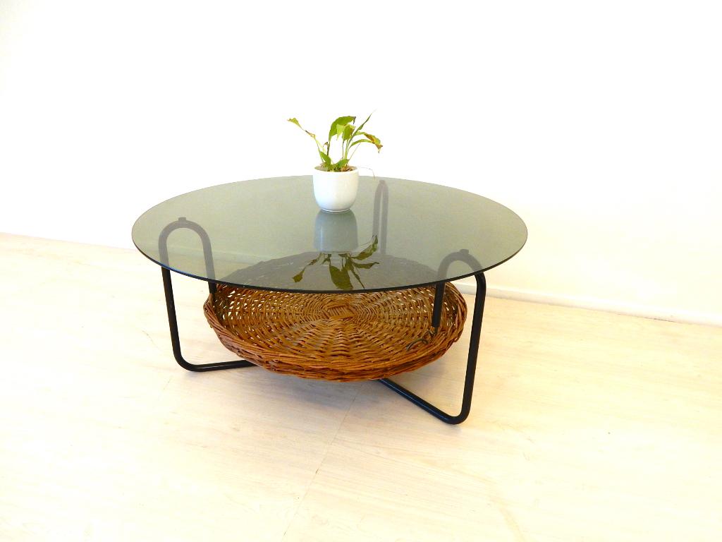 Vintage Tafel Salontafel Rond Jaren 60 / 70 Glas Lectuurbak, Gebruikt, 100 tot 150 cm, ., Minder dan 50 cm