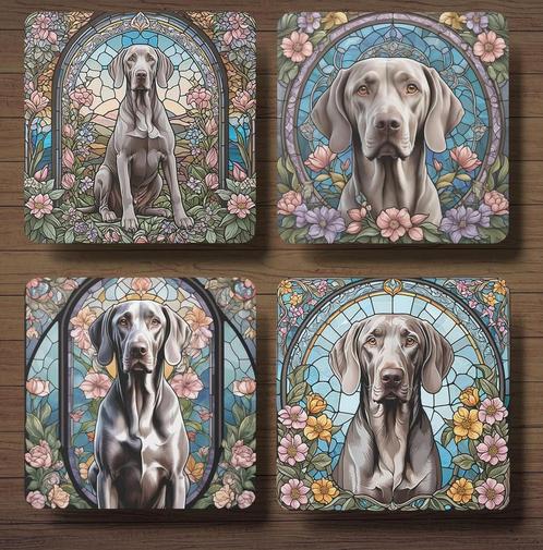 Weimaraner Glas in Lood onderzetters met houder, Huis en Inrichting, Woonaccessoires | Onderzetters, Nieuw, Glas of Kopje, Ophalen of Verzenden