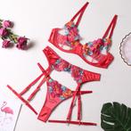 Rood doorzichtig lingerie setje string bh jarretels dames, Verzenden, Rood, Setje