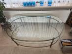 Glazen salon tafel messing onderstel, Ophalen, Gebruikt, 100 tot 150 cm, 50 tot 75 cm