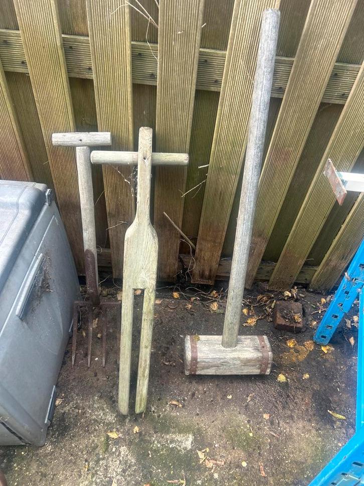 Diverse tuingereedschap en wastobbe stamper set antiek, Tuin en Terras, Hand-tuingereedschap, Gebruikt, Vork, Ophalen of Verzenden