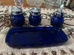 Vintage Blauw Glazen Kruidenstel met Dienblad, Antiek en Kunst, Antiek | Glas en Kristal, Ophalen of Verzenden