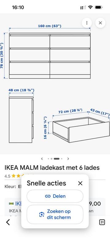 Ikea MALM dressoir (ladekast) met 6 lades. Kleur Zwart. - afbeelding 3