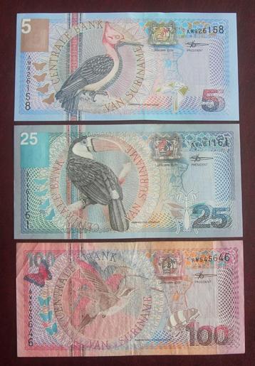 mooie set biljetten van 5-25-100 suriname  beschikbaar voor biedingen