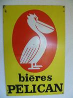 METALEN RECLAMEPLAAT"BIERES PELICAN"UIT JAREN 60, Ophalen of Verzenden, Gebruikt, Reclamebord