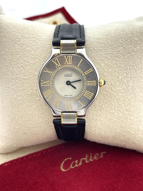 Must de Cartier 21 Black Calf Strap Small Model Staal, Sieraden, Tassen en Uiterlijk, Horloges | Dames, Gebruikt, Polshorloge