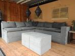 Steigerhouten hoekbank loungebank incl kussens en hockers, Ophalen, Zo goed als nieuw, Hout