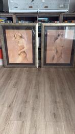 Mooie set 2 x tekening / schilderij met lijsten, Ophalen, Zo goed als nieuw, 75 tot 100 cm, 75 cm of meer